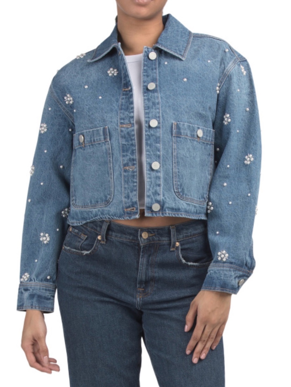 Blank NYC Pearl Beaded Floral Cropped Jean Jacket Medium New With Tags